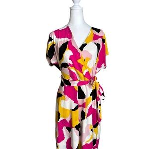 Nine West Pink and Yellow Abstract Midi Dress
